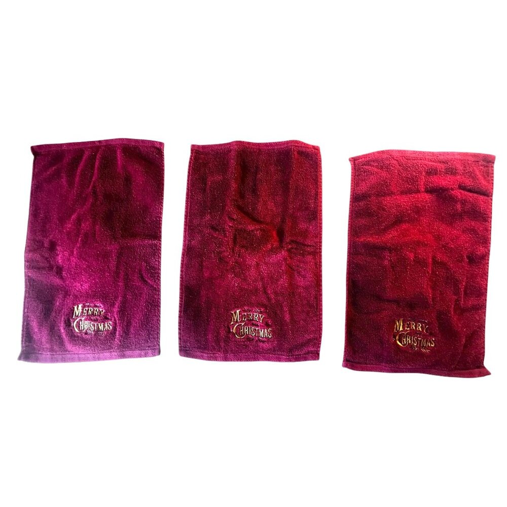 Set Of 3 Merry Christmas Hand Towels 11" X 17" Guest Maroon Gold Embellishments